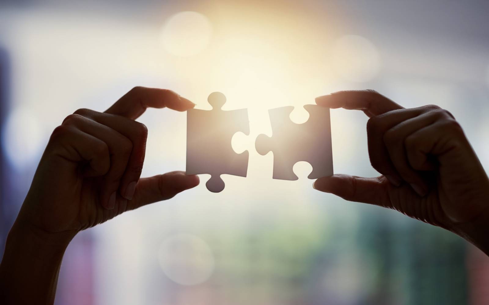 Two hands holding up two pieces of jigsaw puzzle pieces